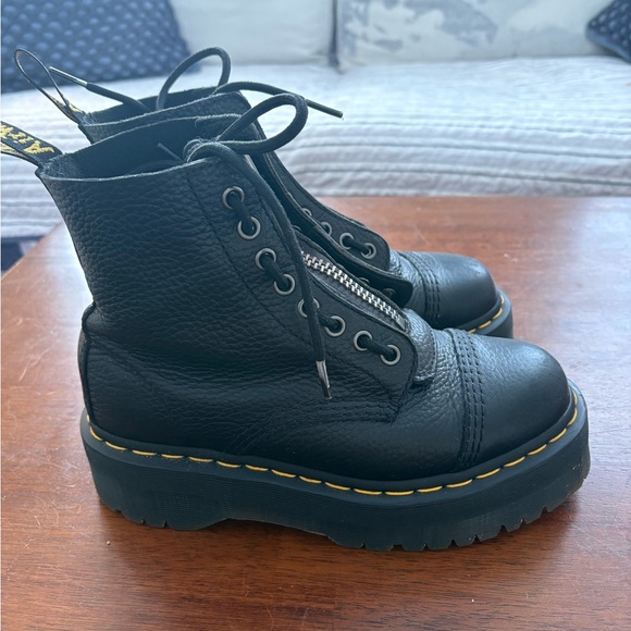 Dr. Martens Black Leather Platform Combat Boots with Yellow Stitching - Picture 3 of 7